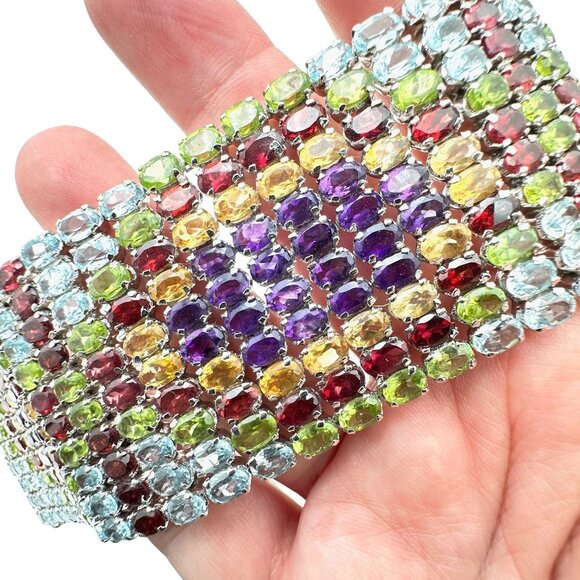 Luxury Wide Multi Gemstone Sterling Silver Bracelet 122 Grams 7.5 Inch - Picture 1 of 6